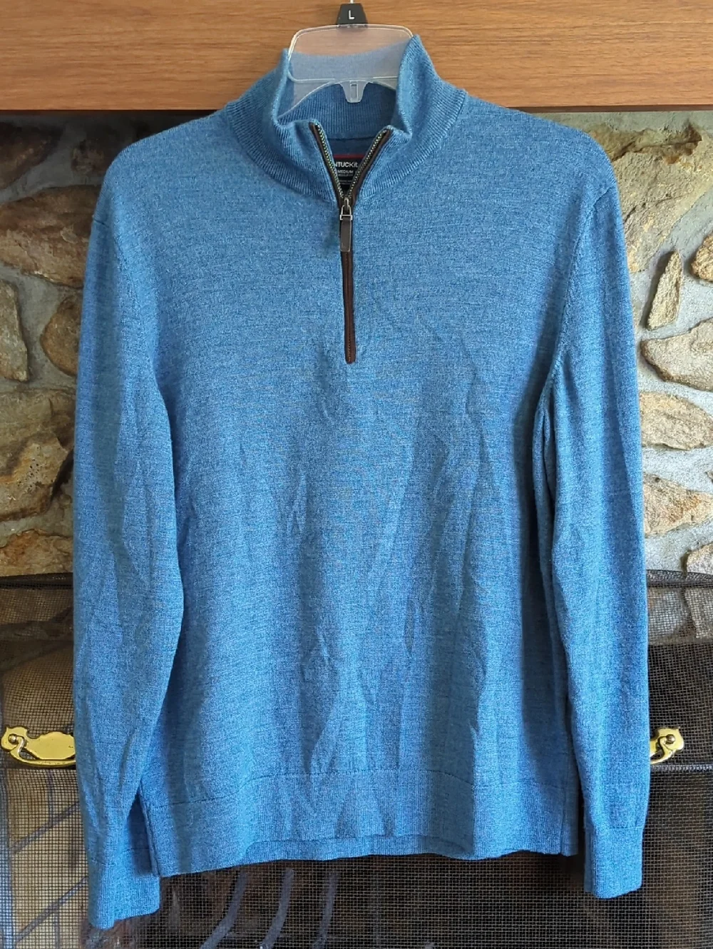 Untuckit Blue Merino Wool Quarter Zip Sweater